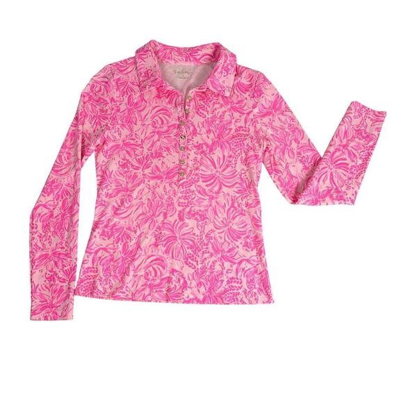 Lilly Pulitzer Tops - Lilly Pulitzer Small Reema Long Sleeve Polo Shirt Pink Bloom Foxy Llama